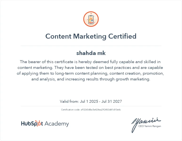 content marketing certifficate of top expert freelaancer from kannur