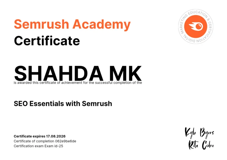 best digital marketing freelancer in kannur shahda mk`s semrush certificate